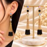 Elegant Gold-Plated Black Beaded Tassel Earrings for Women – Trendy Party Wear Jewellery