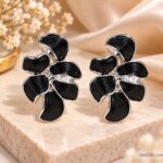 Premium Black Floral Earrings with Silver Finish | Elegant Korean Style Fashion Jewellery for Women |