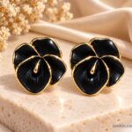 Premium Black Flower Stud Earrings with Golden Outline | Elegant Floral Fashion Jewellery for Women |