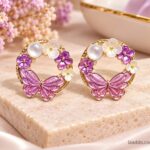 Premium Pink Butterfly Earrings with Purple Flowers & Pearl Accents | Gold-Plated Floral Hoop Fashion Jewellery for Women