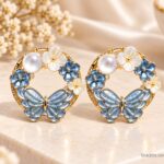 Blue Butterfly Floral Hoop Earrings with Pearl & Flower Accents | Elegant Korean Style Fashion Jewellery for Women