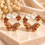 Premium Rose Gold Butterfly Hoop Earrings with Pearl & Floral Details | Elegant Korean Style Fashion Jewellery for Women