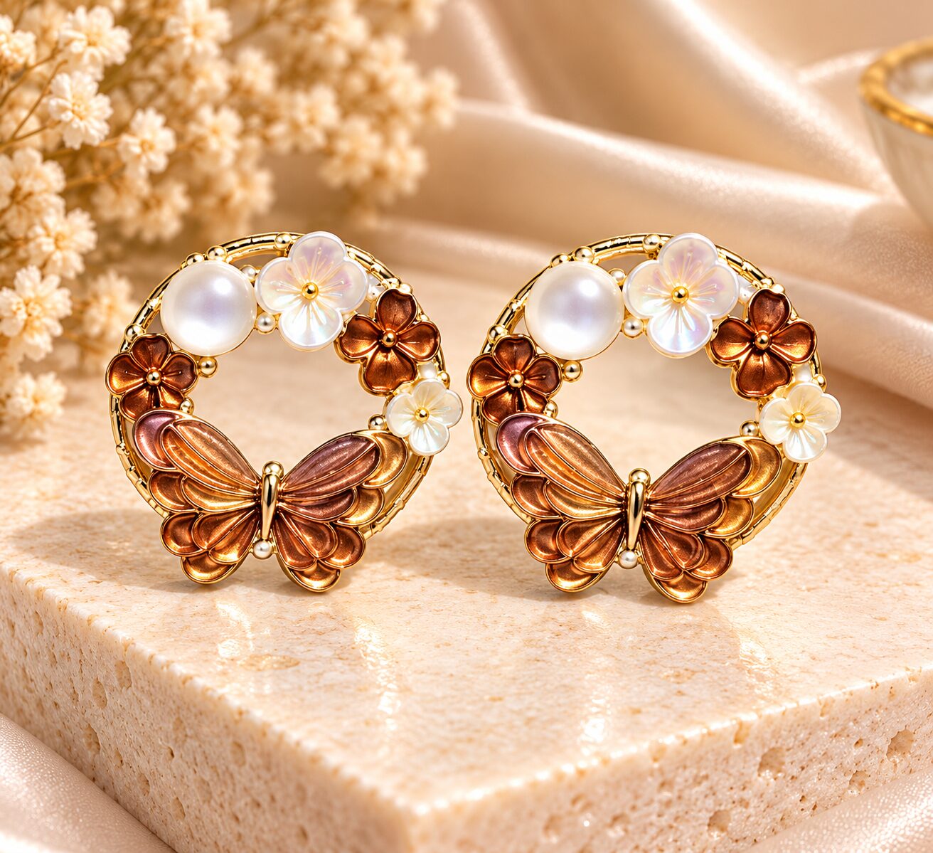2026/10/1003582887.jpg Premium Rose Gold Butterfly Hoop Earrings with Pearl & Floral Details | Elegant Korean Style Fashion Jewellery for Women - Image 1