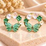 Mint Green Butterfly Hoop Earrings with Pearl & Floral Accents | Premium Korean Style Fashion Jewellery for Women |