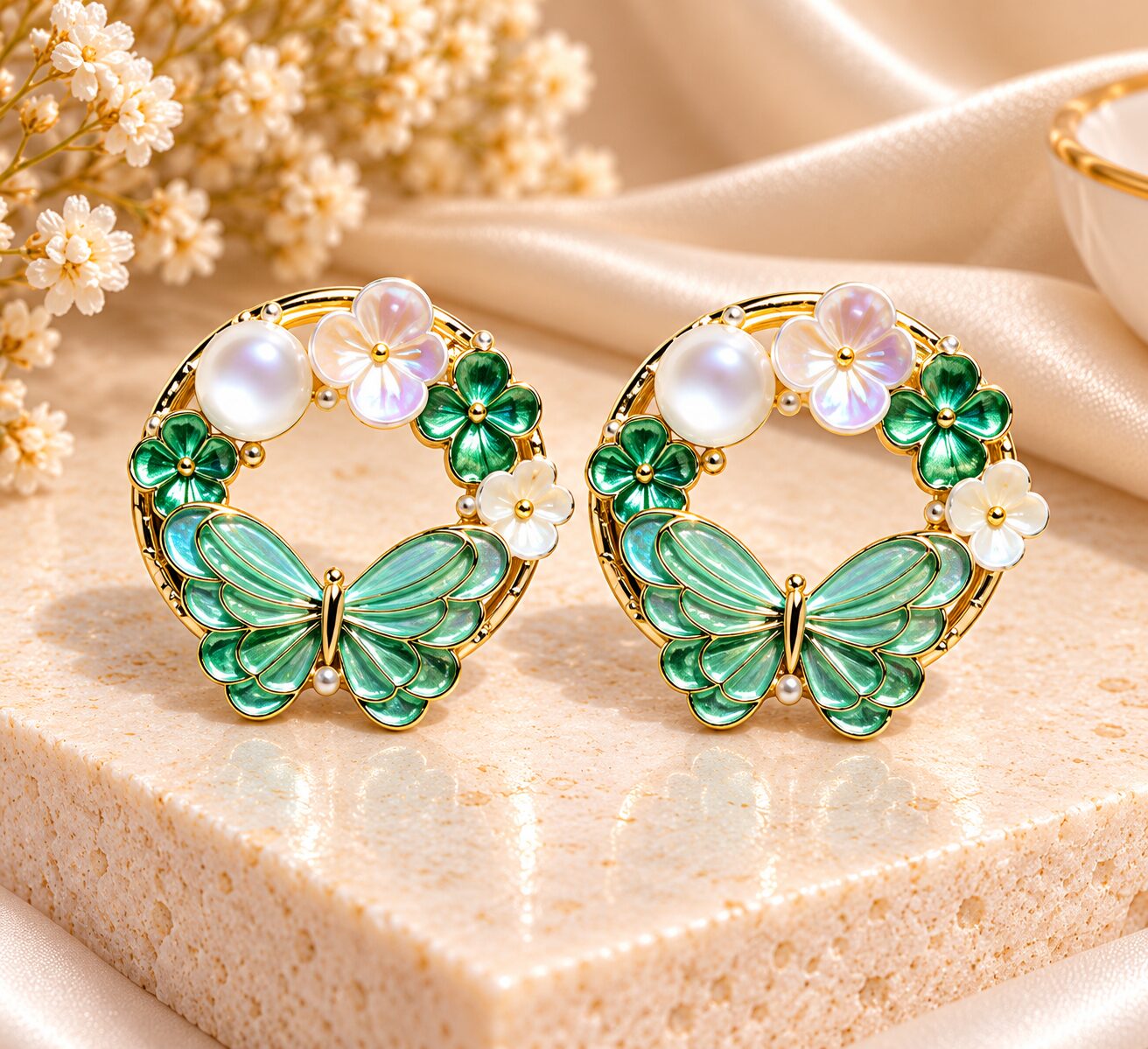 2026/10/1003582889.jpg Mint Green Butterfly Hoop Earrings with Pearl & Floral Accents | Premium Korean Style Fashion Jewellery for Women | - Image 1