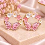 Pink Butterfly Hoop Earrings with Pearl & Floral Details | Premium Korean Style Fashion Jewellery for Women