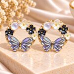 Black & Lavender Butterfly Hoop Earrings with Pearl & Floral Accents | Premium Korean Style Fashion Jewellery for Women