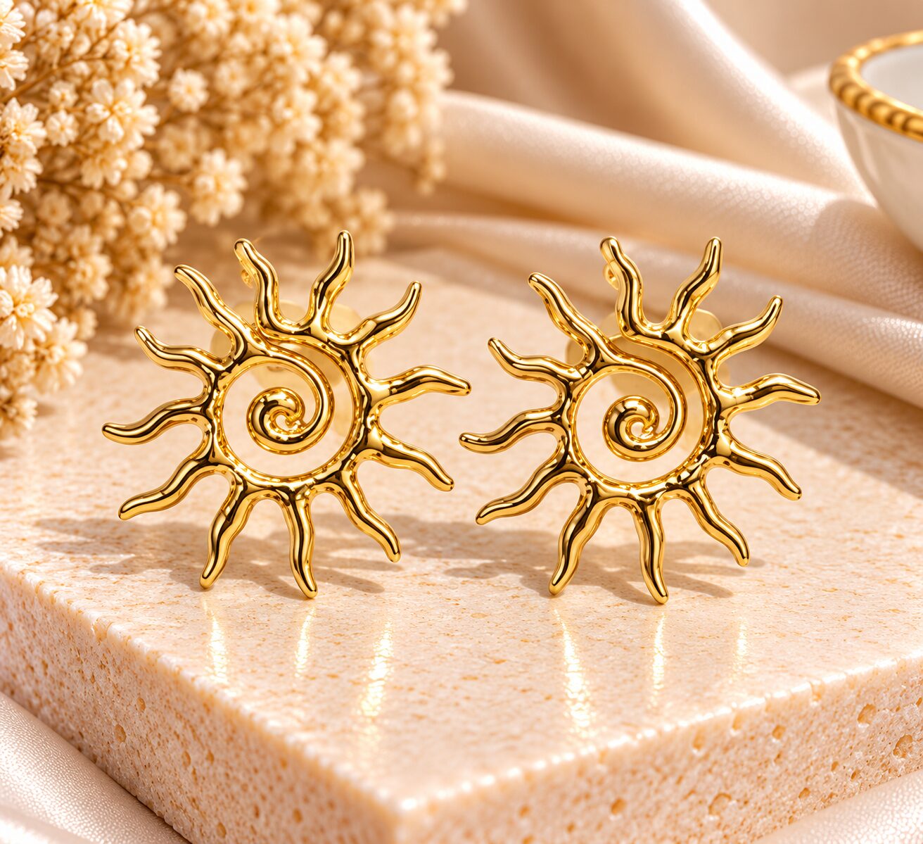 2026/10/1003582895.jpg Premium Golden Sunburst Spiral Stud Earrings for Women | Elegant Korean Style Fashion Jewellery | - Image 1