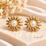 Golden Pearl Sunflower Stud Earrings for Women | Elegant Floral Western Fashion Jewellery