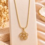 Gold Plated Floral Pendant Necklace for Women – Elegant CZ Stone Korean Style Fashion Jewellery |