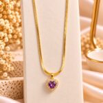 Gold Plated Purple Heart Pendant Necklace for Women – Elegant CZ Stone Korean Style Fashion Jewellery