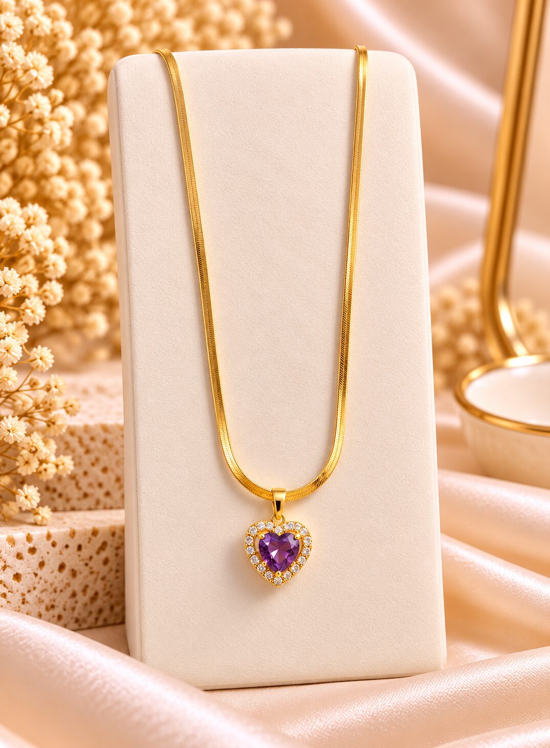2026/10/1003582919.jpg Gold Plated Purple Heart Pendant Necklace for Women – Elegant CZ Stone Korean Style Fashion Jewellery - Image 1