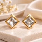 Gold Plated Square Clear Crystal Stud Earrings for Women | Elegant Korean Style Earrings