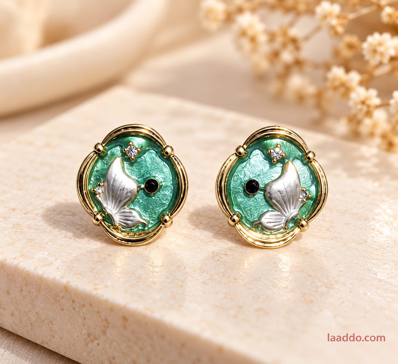 2026/10/1003582957.jpg Teal Green Enamel Fish Design Stud Earrings for Women – Gold Tone Korean Fashion Jewellery - Image 1