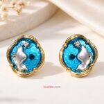 Turquoise Blue Enamel Dolphin Design Gold-Plated Stud Earrings for Women