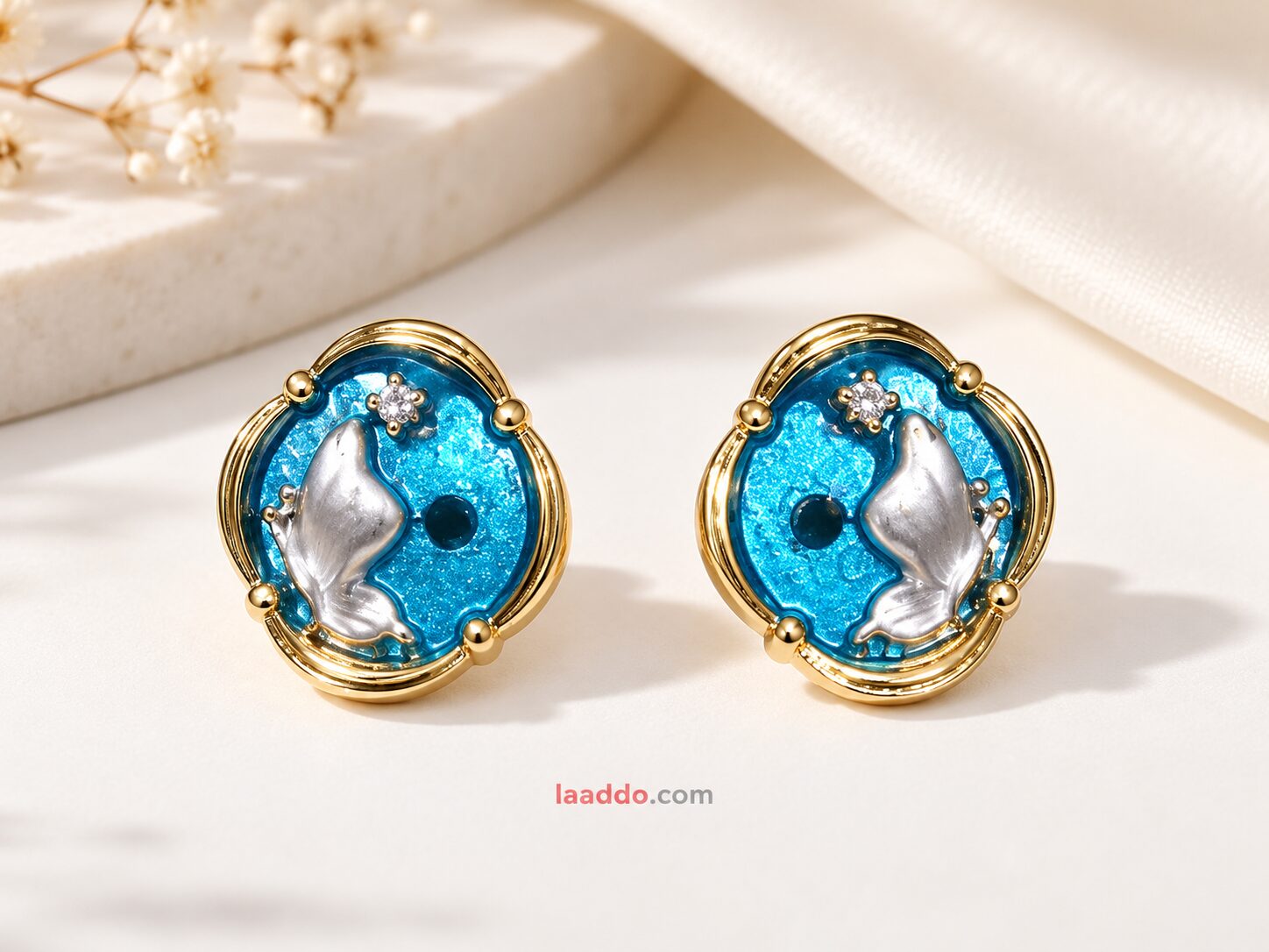 2026/10/1003582963.jpg Turquoise Blue Enamel Dolphin Design Gold-Plated Stud Earrings for Women - Image 1