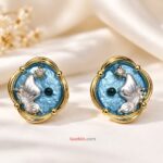 Light Blue Enamel Designer Stud Earrings with Silver Motif & Gold-Tone Frame for Women