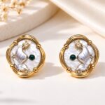 White Mother of Pearl Designer Stud Earrings with Gold-Tone Frame & Green Stone for Women