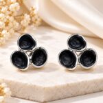 Black Triple Stone Designer Stud Earrings with Silver-Tone Setting for Women