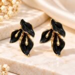Black Leaf Design Statement Earrings with Gold-Tone Finish for Womens