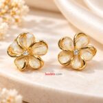 White Opal Flower Stud Earrings with Gold-Tone Finish & Crystal Center for Women