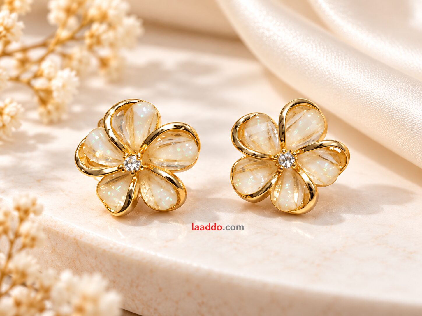 2026/10/1003582974-1.jpg White Opal Flower Stud Earrings with Gold-Tone Finish & Crystal Center for Women - Image 1