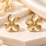 Champagne Gold Flower Stud Earrings with Crystal Center & Glossy Petals for Women