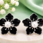 Black Flower Pearl Stud Earrings with Silver Detailing for Women