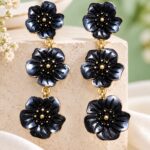 Premium Black Floral Triple Flower Drop Earrings with Gold Bead Detailing