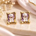 Premium Golden Frame Pearl & Floral Stud Earrings for Women | Elegant Korean Fashion Jewellery