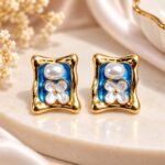Blue Enamel Pearl & Floral Gold Stud Earrings for Women | Elegant Korean Fashion Jewellery
