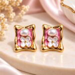 Premium Pink Enamel Pearl & Floral Gold Stud Earrings for Women | Elegant Korean Fashion Jewellery