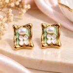 Light Green Enamel Pearl & Floral Gold Stud Earrings for Women | Elegant Korean Fashion Jewellery –