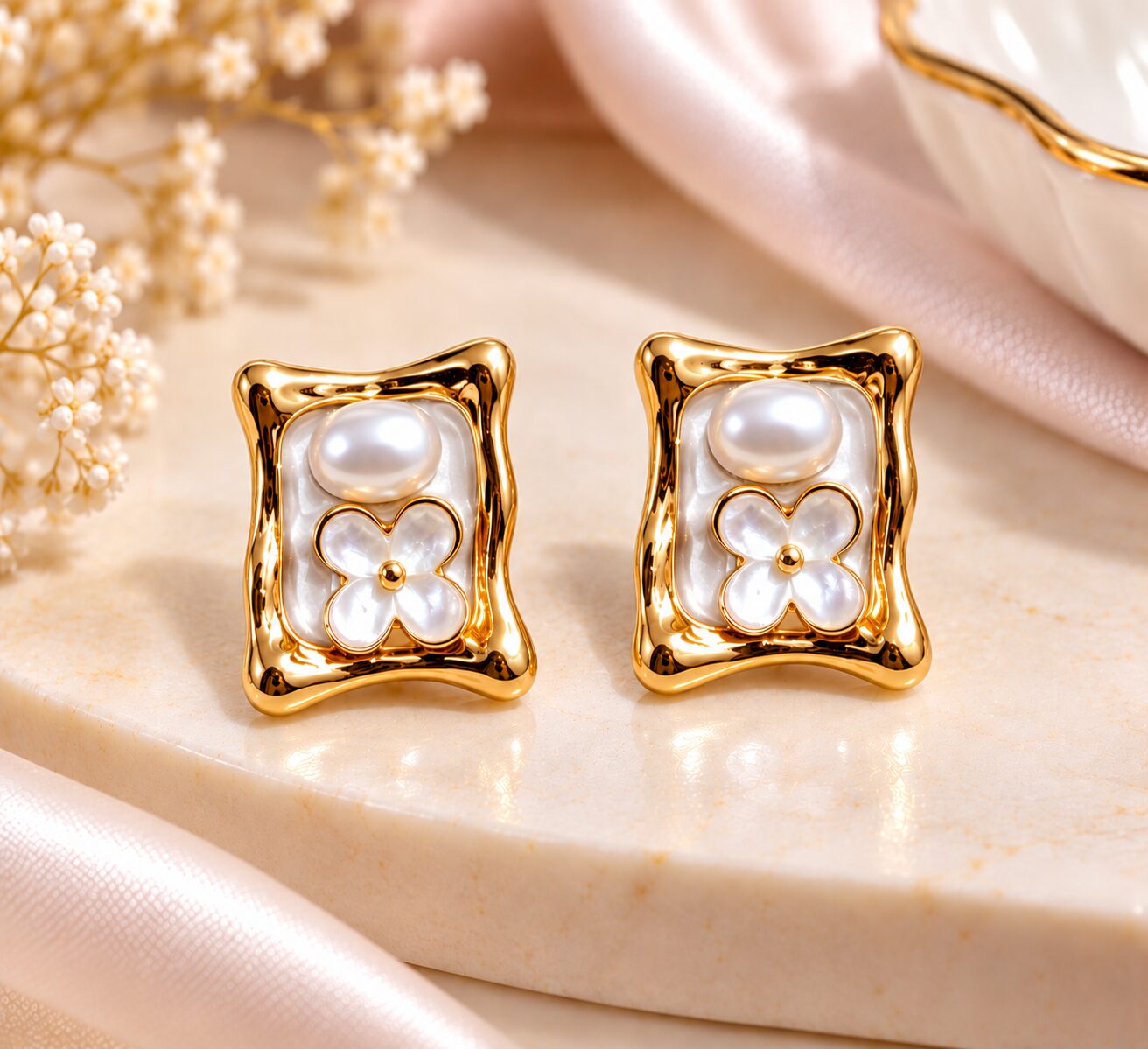 2026/10/1003583015.jpg Premium White Enamel Pearl & Floral Gold Stud Earrings for Women | Elegant Korean Fashion Jewellery - Image 1