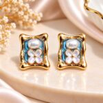 Premium Blue Enamel Pearl & Floral Gold Stud Earrings for Women | Elegant Korean Fashion Jewellery