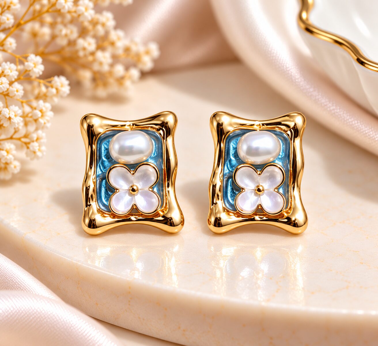 2026/10/1003583017.jpg Premium Blue Enamel Pearl & Floral Gold Stud Earrings for Women | Elegant Korean Fashion Jewellery - Image 1