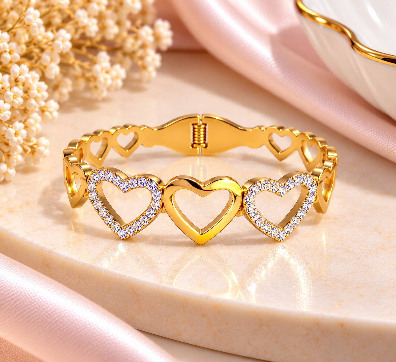 2026/10/1003583021.jpg Premium Golden Heart Crystal Bangle Bracelet for Women | Elegant Rhinestone Heart Design Fashion Jewellery - Image 1