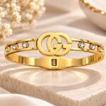 Premium Gold-Tone Interlocking GG Crystal Studded Cuff Bracelet for Women | Elegant Western Fashion Jewellery