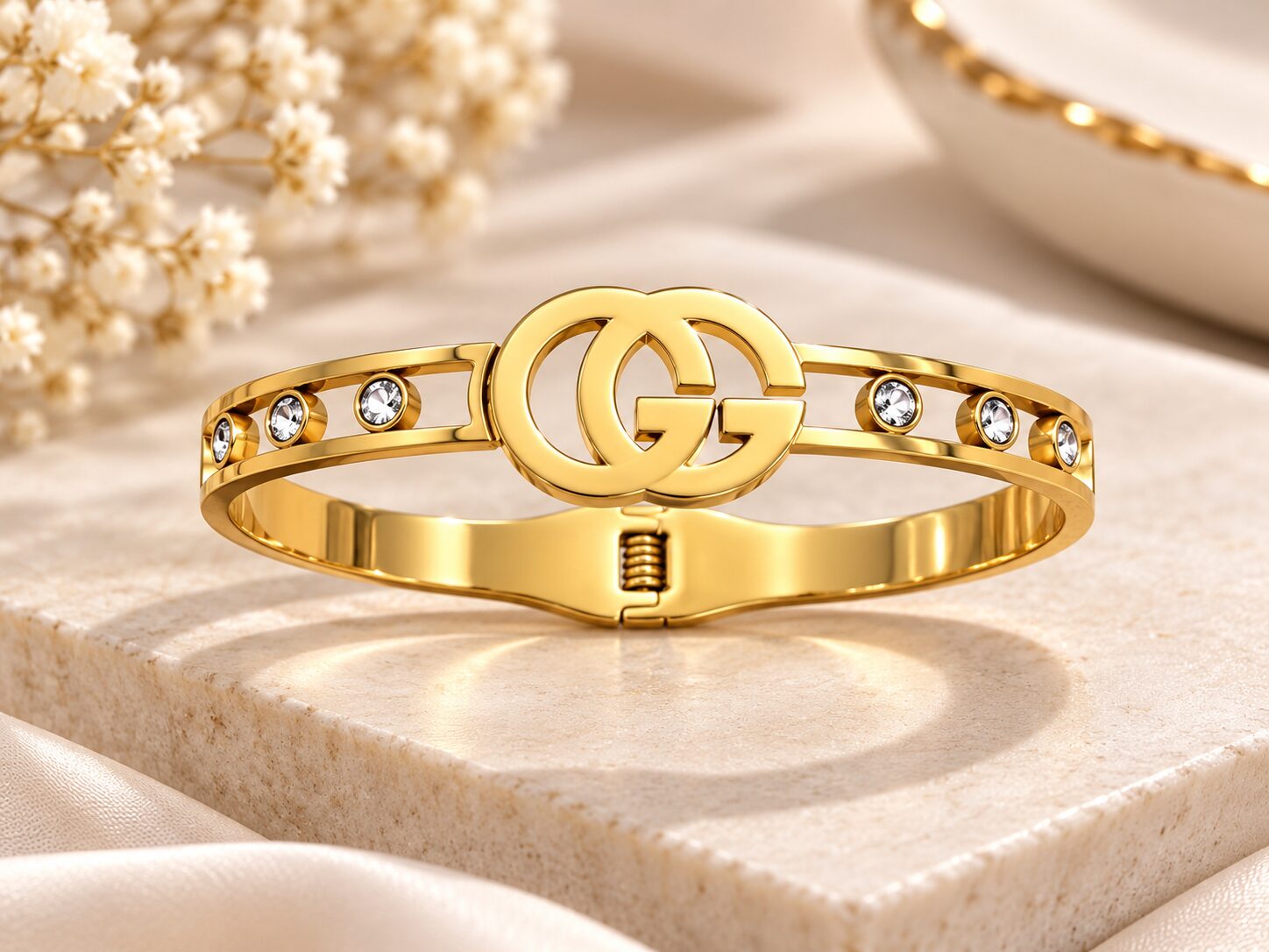 2026/10/1003583031.jpg Premium Gold-Tone Interlocking GG Crystal Studded Cuff Bracelet for Women | Elegant Western Fashion Jewellery - Image 1