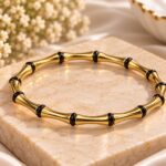 Premium Gold-Plated Black Accent Bamboo Design Bangle for Women | Elegant Korean Style Bracelet