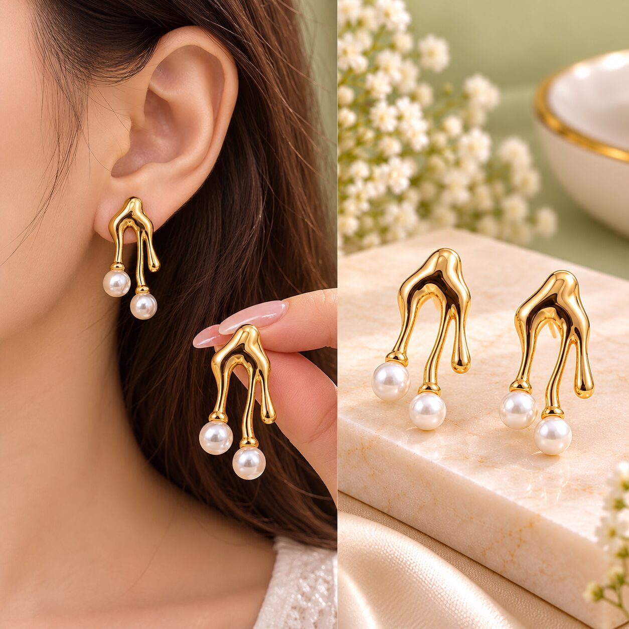 2026/10/1003583094.jpg Premium Gold Plated Pearl Drop Statement Earrings for Women | Elegant Korean Style Party Wear Earrings - Image 1