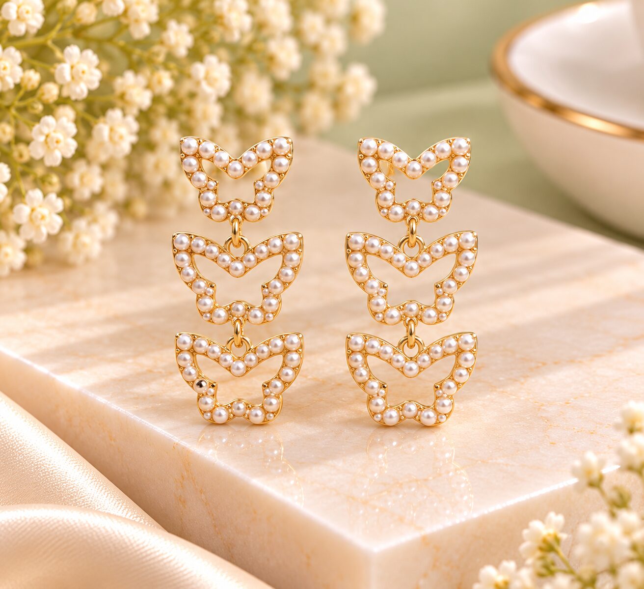 2026/10/1003583098.jpg Premium Gold Plated Triple Butterfly Pearl Drop Earrings for Women | Elegant Korean Style Party Wear Jewellery - Image 1